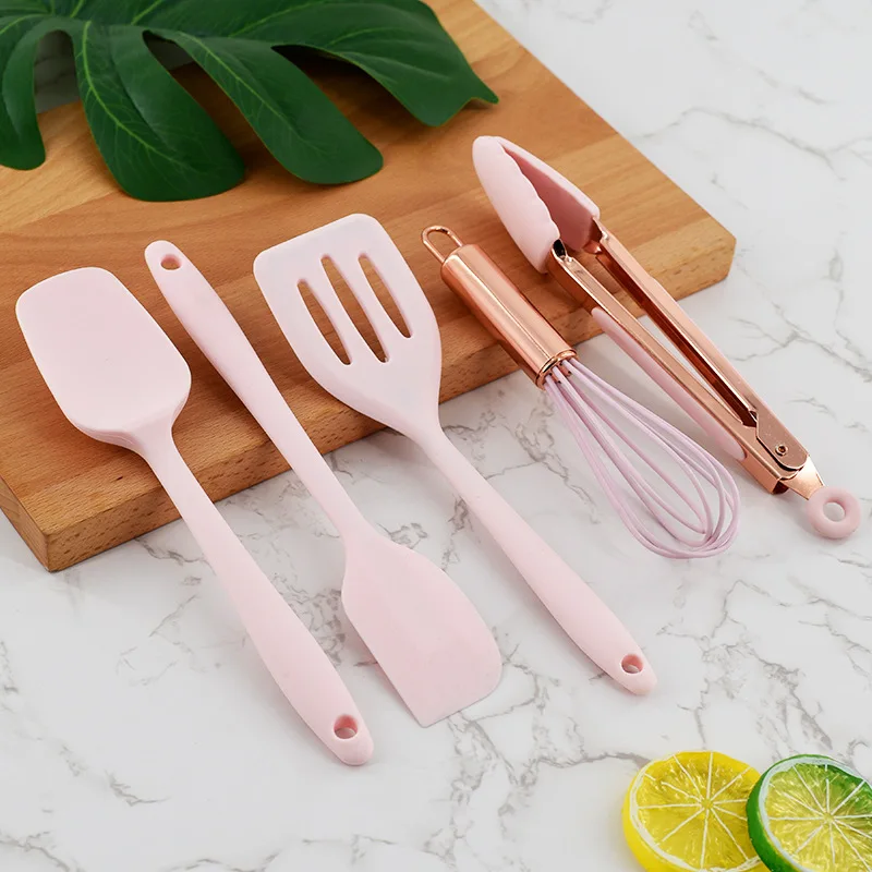 Multipurpose Kitchen Cake Tool Set, Silicone Scraper, Oil Brush, Egg Whisk, Spatula, Cooking Utensil, Pink Kitchenware