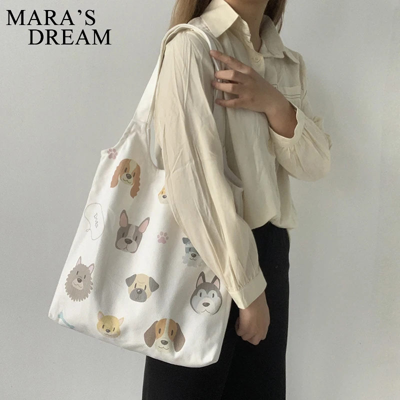 Mara\'s Dream Canvas Tote Shoulder Bags Items Cartoon Dog Cotton Cloth Shopper Bag Korean Large Fabric Eco Shopping Bag Handbags