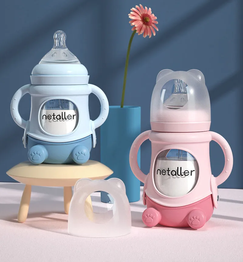 

180ml Cute Glass Baby bottles with Anti-falling sleeve Newborn Milk Feeder Set Silicone straw Water Drink Bottles For Baby