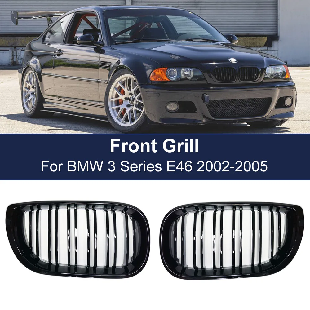 

2PCS Glossy Black Double Line Dual Slat Front Kidney Grill Racing Grille for BMW 3 Series E46 318I 320I 325I 330I 4 Door 02-05