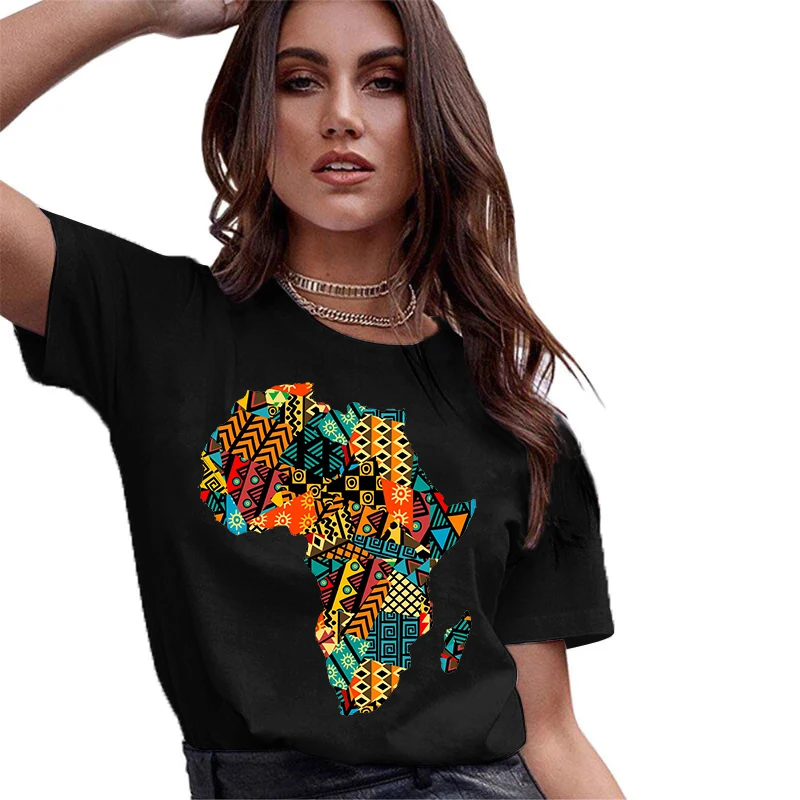 Women Tee Cartoon Africa Print Oversized T-shirt For Women Short Sleeve Harajuku Female Ropa Mujer Clothes Simple T Shirt Women