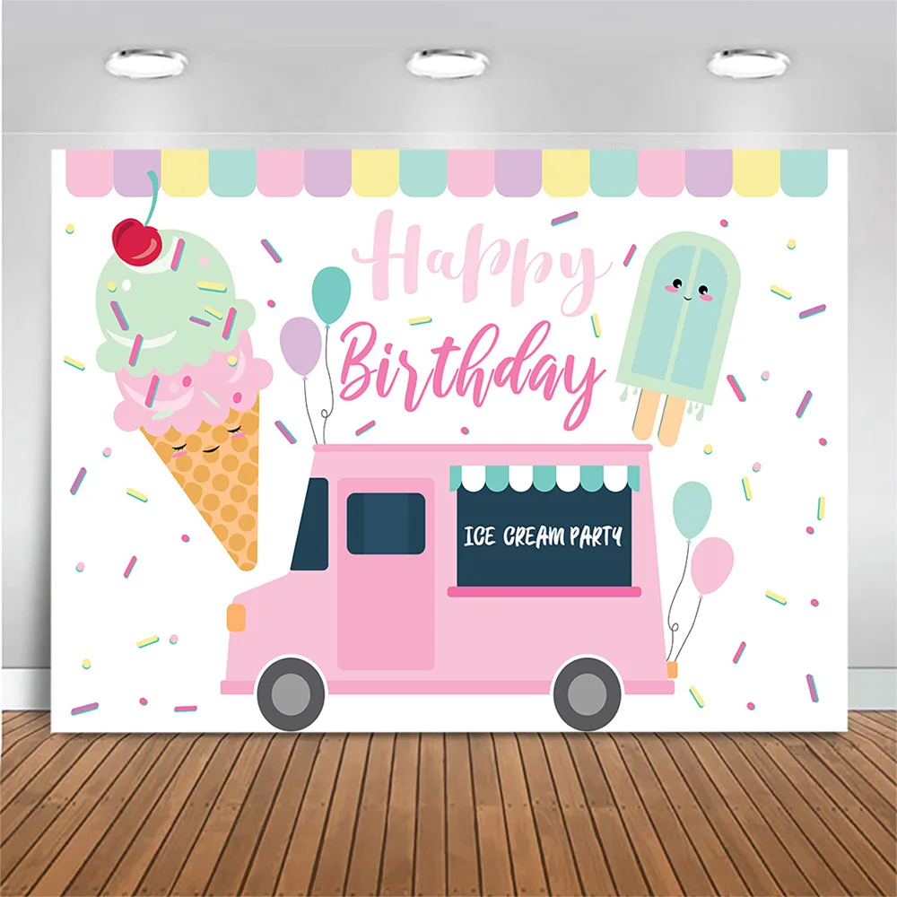 MOCSICKA Ice Cream Truck Backdrop Baby Kids Birthday Party Portrait Photo Background Decoration Newborn Baby Shower Banner Shoot