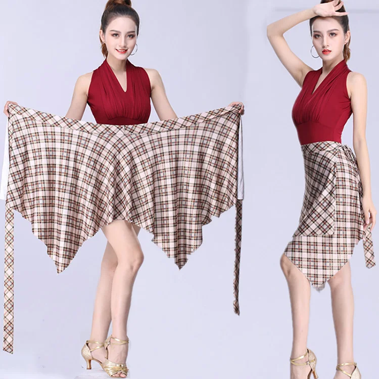 Women Latin Dance Skirt for Woman Competition Wrap Plaid Skirts Adult Ballroom Dancing Clothes Woman Practice Latin Hips Scarf