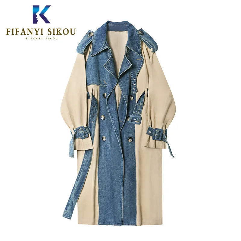 Denim Patchwork Trench Coat Women 2020 New Fashion Double Breasted high quality Long Trench Coat Female Loose Casual Outerwear