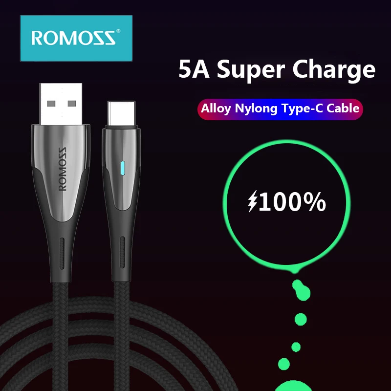 ROMOSS 5A Super Charging Cable Alloy Nylong Date Cable Type-C Fast Charge USB-C Quickly Charger For Huawei Xiaomi Compatible