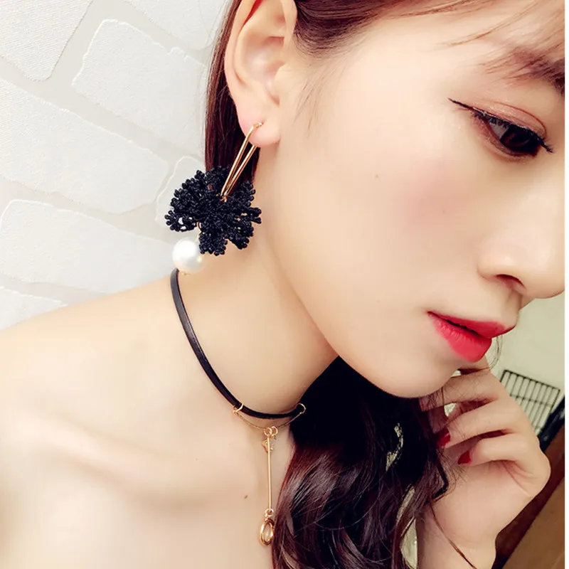 2024 Elegant Korean Personality Weave Lace Bow Handmade Earrings Big Simulated Pearl Boucle D\'oreille Femme Pendante