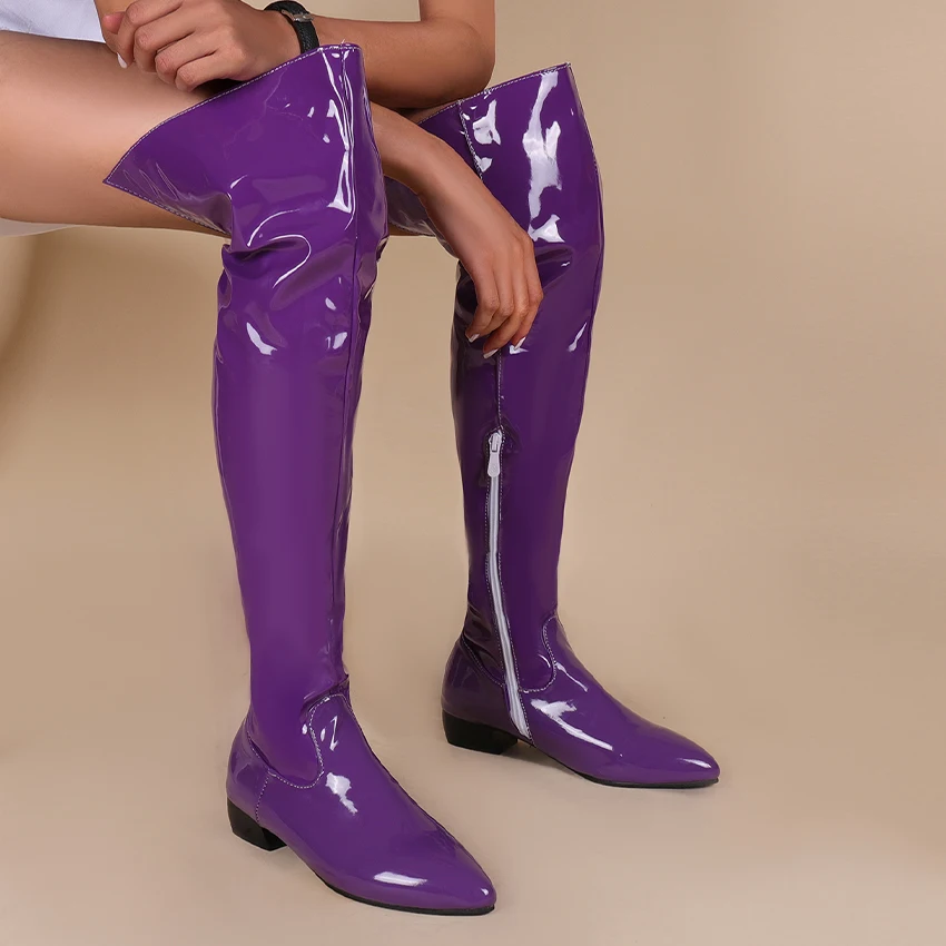 Oversized Candy-Colored Patent Leather Women\'s Over-The-Knee Boots Mid-Heel Pointed Toe Plush Lining Shiny Color Long Boots