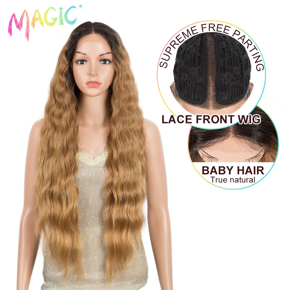 MAGIC Synthetic Lace Wigs For Black Women 30 inch Long Deep Wavy Wig Ombre Blonde Wig High Temperature Synthetic Cosplay Wig