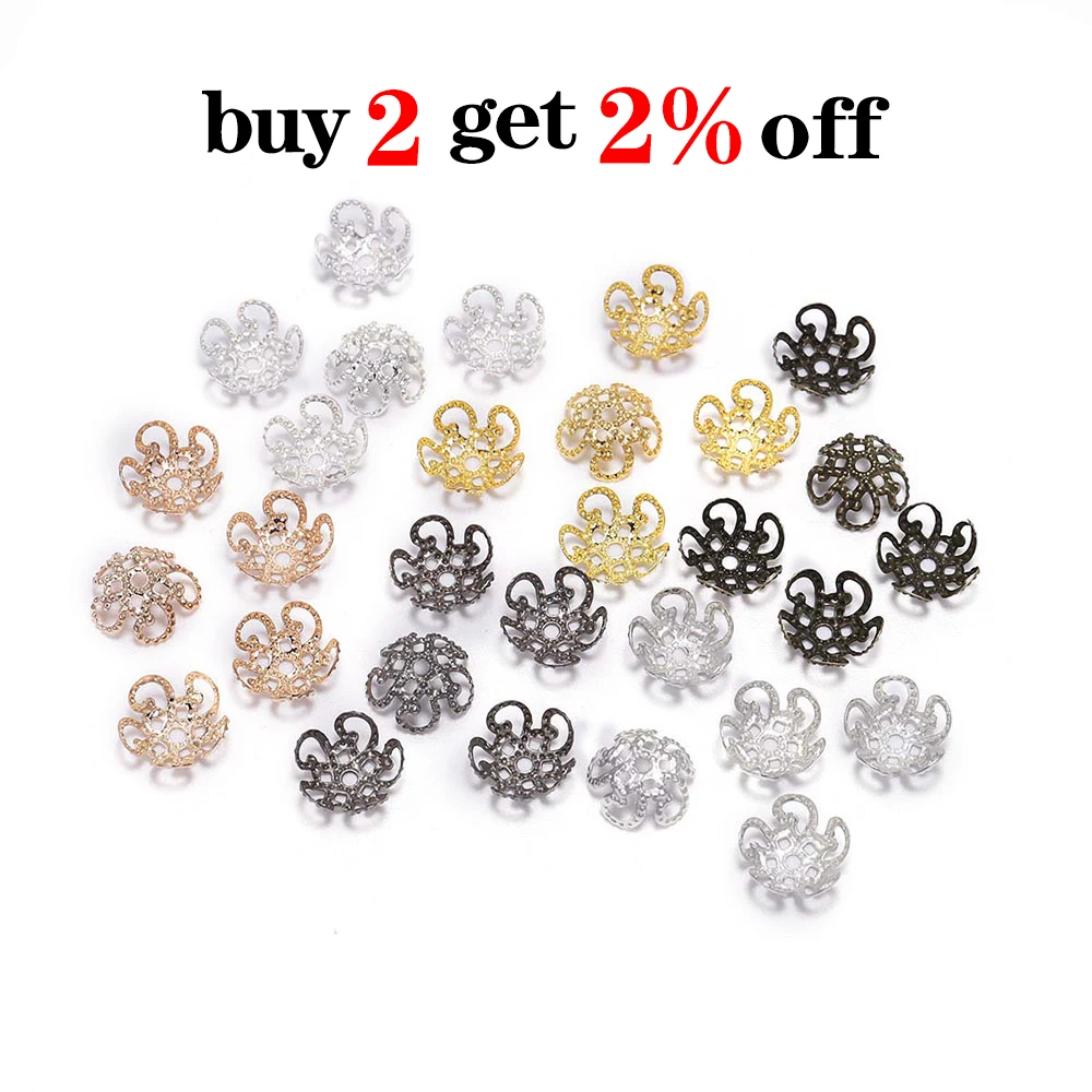 100pcs 8 10mm  Gold Metal Hollow Flower Spacer Beads End Caps Pendant DIY Charms Connectors For Jewelry Making Findings