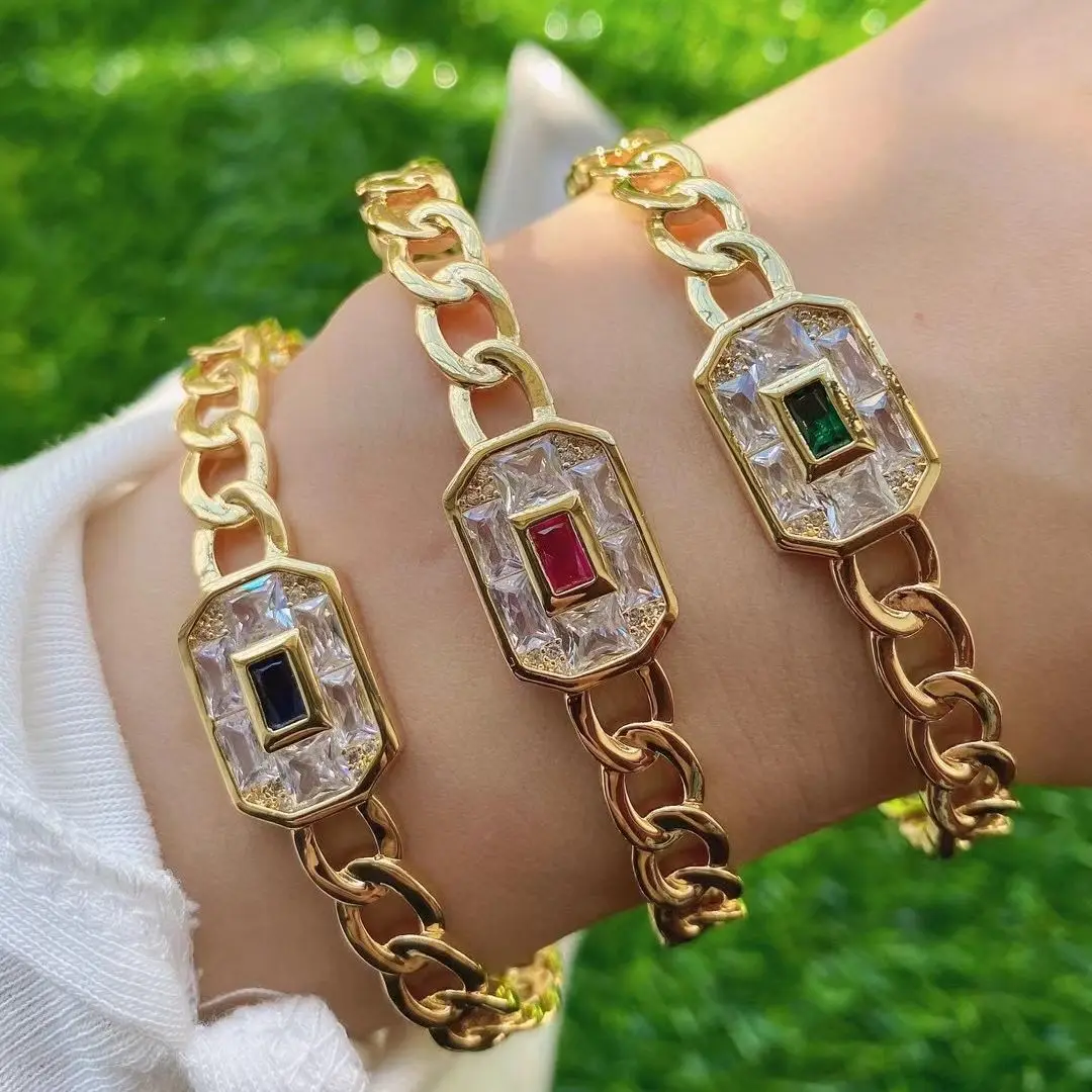 

5PCS, Luxury Women CZ Bangle Bracelet Copper Zircon Gold Color Adjustable Open Curb Chain Cuff Rainbow Bangle For Ladies