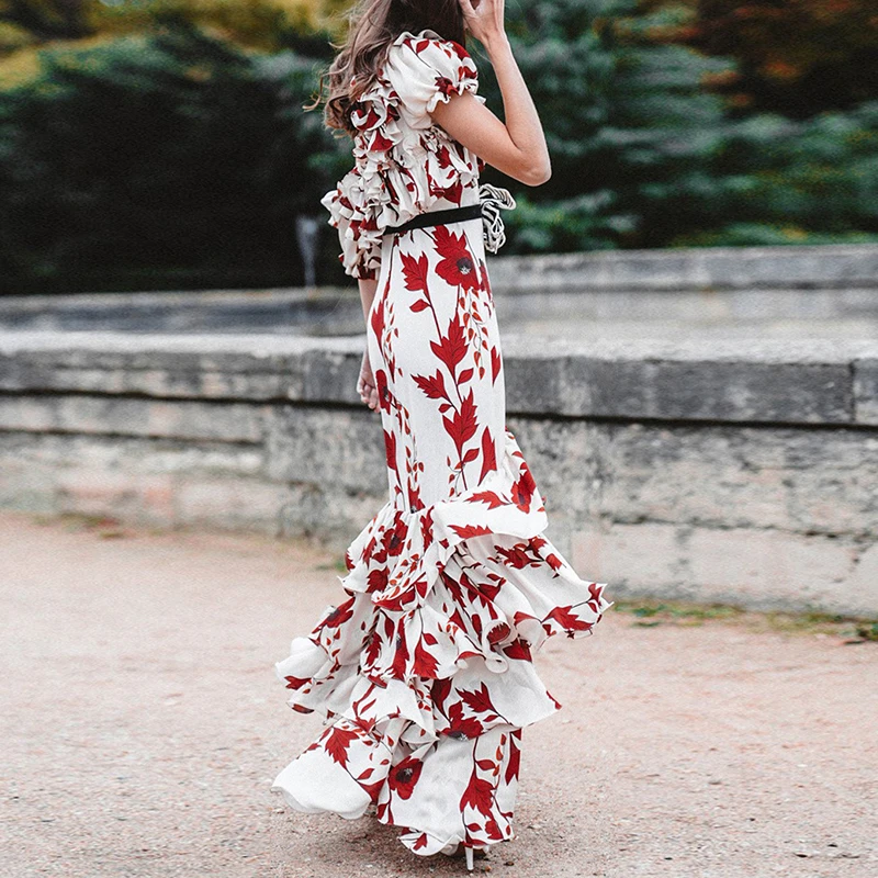 HIGH STREET New Summer 2026 Fashion Women\'s Elegant Cascading Ruffles Floral Print Slash Neck Beach Holiday Maxi Long Dress