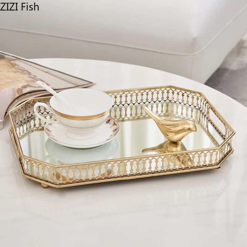 Gold Trays Decorative Vintage Mirror Glass Storage Tray Rectangle/round Fruit Plate Desktop Small Items Jewelry Display Plate