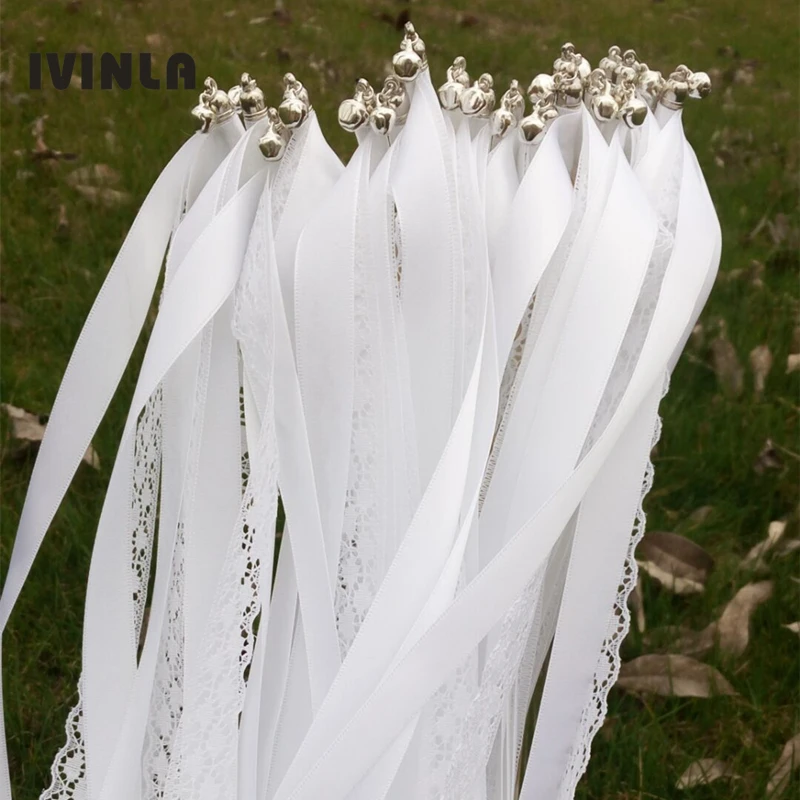 (10/20/50Pieces/Lot)Style A white ribbon wedding wands with silver bell Wedding Ribbon Stick, ribbon Twirling Streamers