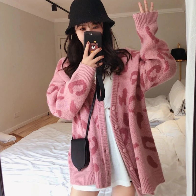 OUMENGKA Women Sweaters Autumn Winter 2022 Fashionable Casual Leopard V-Neck Single Breasted Puff Sleeve Loose Cardigans Coat