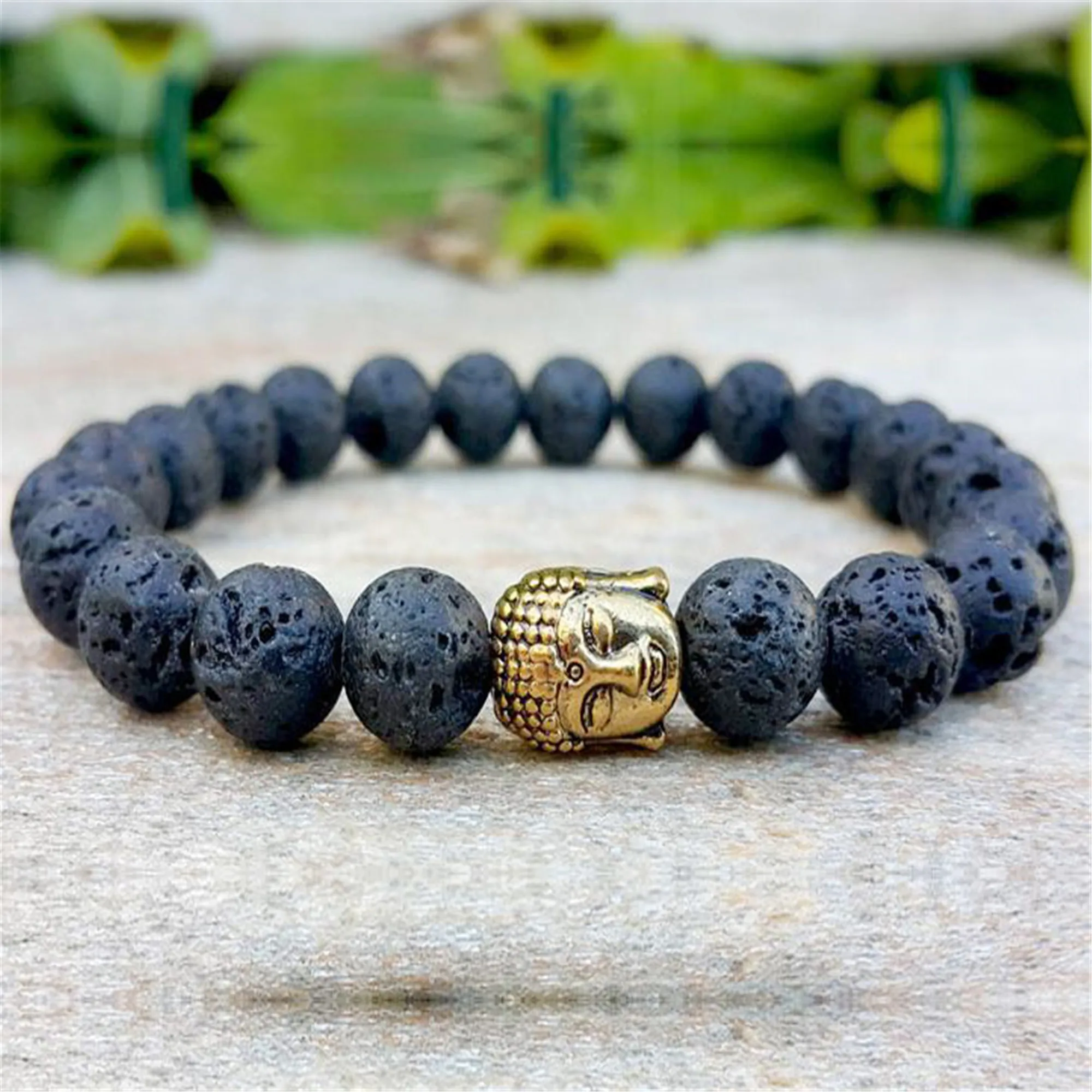 8mm Natural Lava Stone Buddha Bead Handmade Mala Bracelet Wrist Bless Fancy Stretchy Healing Chakas Reiki Yoga Pray Lucky Ruyi