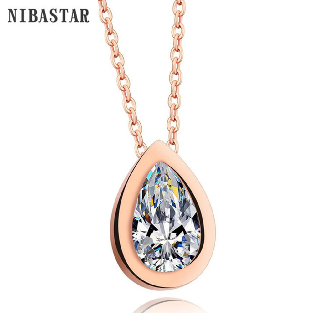 Austria Clear Tear Drop Crystals Necklace For Women Stainless Steel Rose Gold Color Pendants Fashion Girl Accessory Jewelry Gift