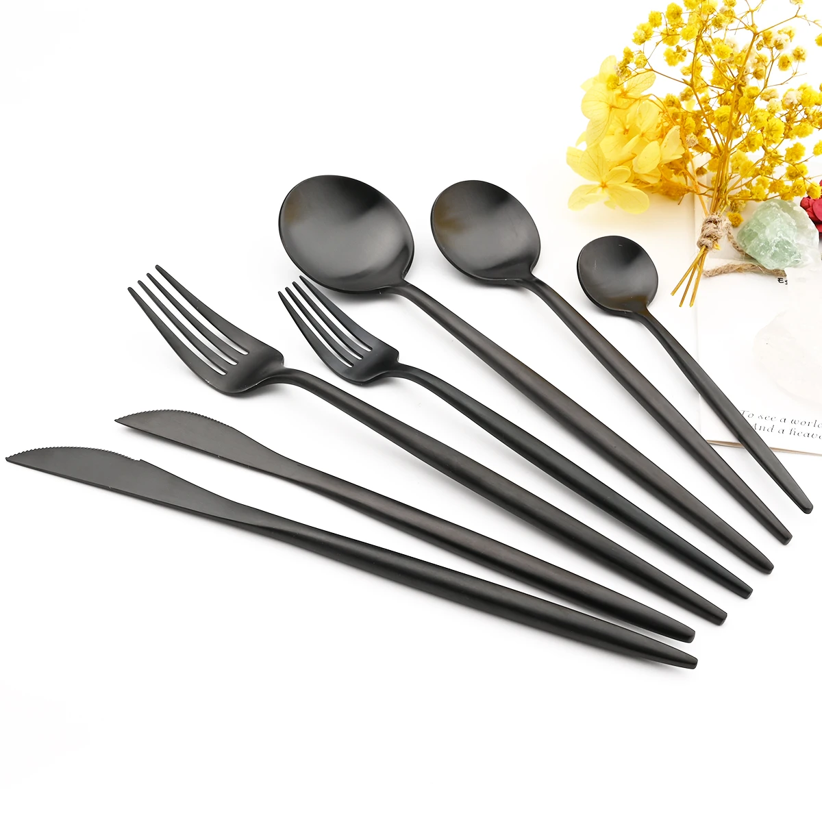 Vintage Matte Black Cutlery Set 18/10 Stainless Steel Dinnerware Knife Dessert Fork Coffee Spoon Tableware Set Kitchen Flatware