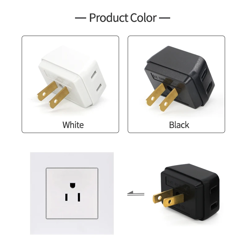 1pcs Universal US Power Plug Converter 3 in 1 Travel Adapter AC Powers 10A Wall Charger Outlet 2 Pin Portable Electrical Socket