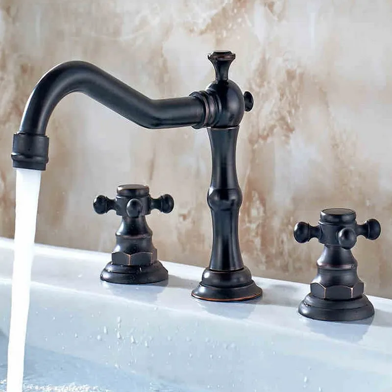 Black Oil Rubbed Bronze Double Handles 3 Holes Install Widespread Deck Mounted Bathroom Sink Basin Faucet Sink Mixer Tap mhg004