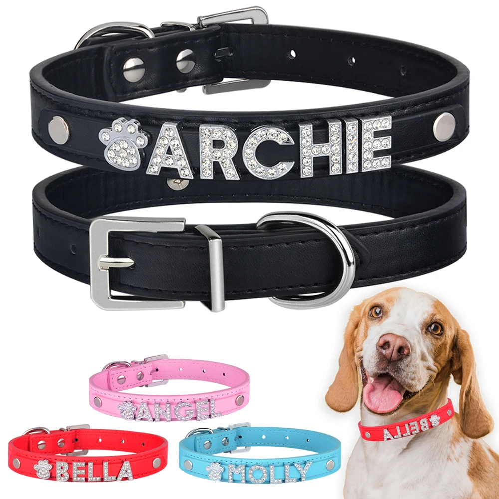 Free Rhinestone Letters Personalized Pet Dog Collars with Buckle Puppy Cat Necklace & Charms DIY Name Dog Collar Leather collar