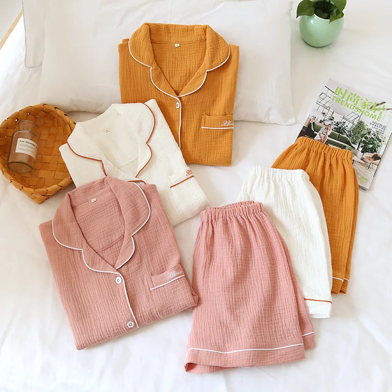 NHKDSASA Shorts Sets Pajamas Suit Women Summer Couple Cotton Crepe Ladies Solid Simple Short-Sleeved Shirt Men's Home Service