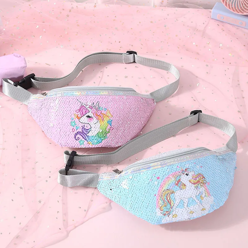 Hot Sale Cartoon Unicorn Sequin Girls Waist Bag Kids Fanny Pack Children Sequins Printing Chest Bag Outdoor Travel Pouch