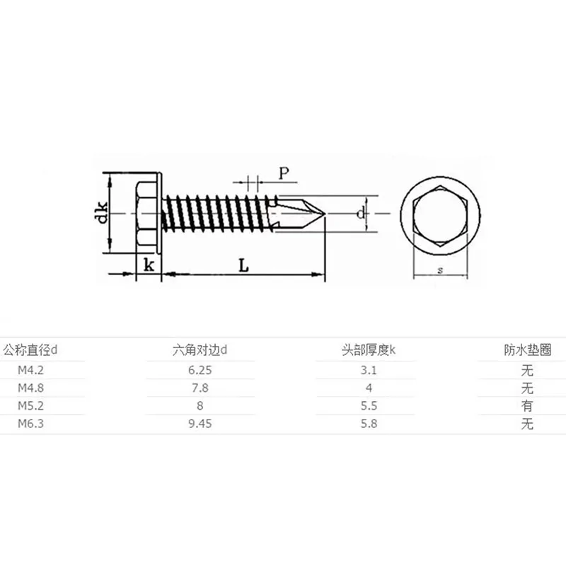 M4.8  4.8mm  410 Stainless Steel Self-Drilling Tapping Screws Hex Head DIN7504 Drilling Screws