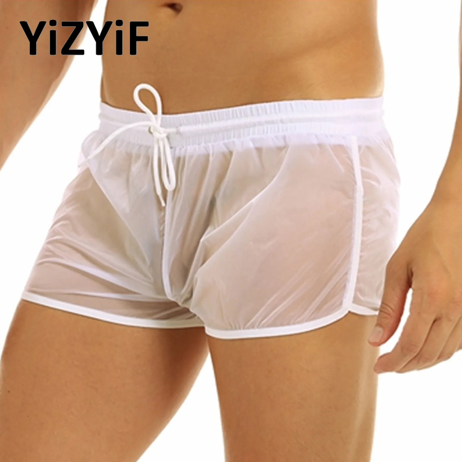 Mens Transparent Shorts Mesh See Through Drawstring Boxers Shorts Swim Trunks Underwear