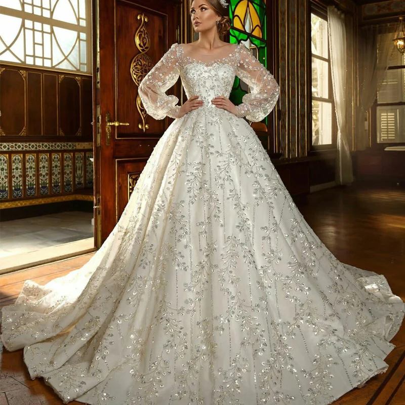 

Gorgeous Dubai Crystal Ball Gown Wedding Dresses Sheer Neck Beading Long Sleeve Bridal Gowns Princess Bride Dress