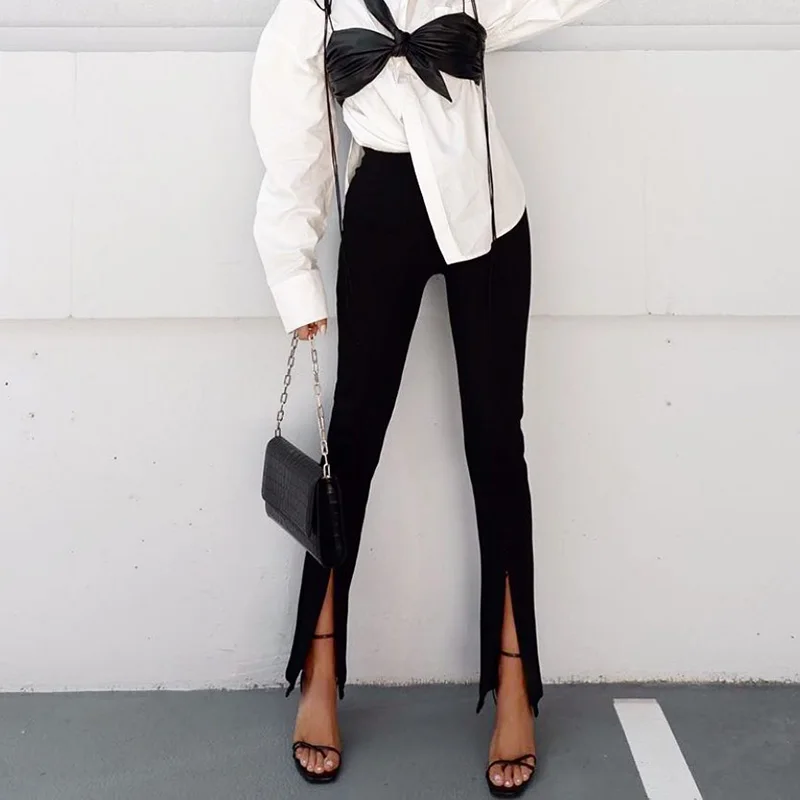 Elegant Women Pant High Waist Black Split Slim Autumn Office Lady Casual Trouser 2021 Fashion Flare Slit Pant Black