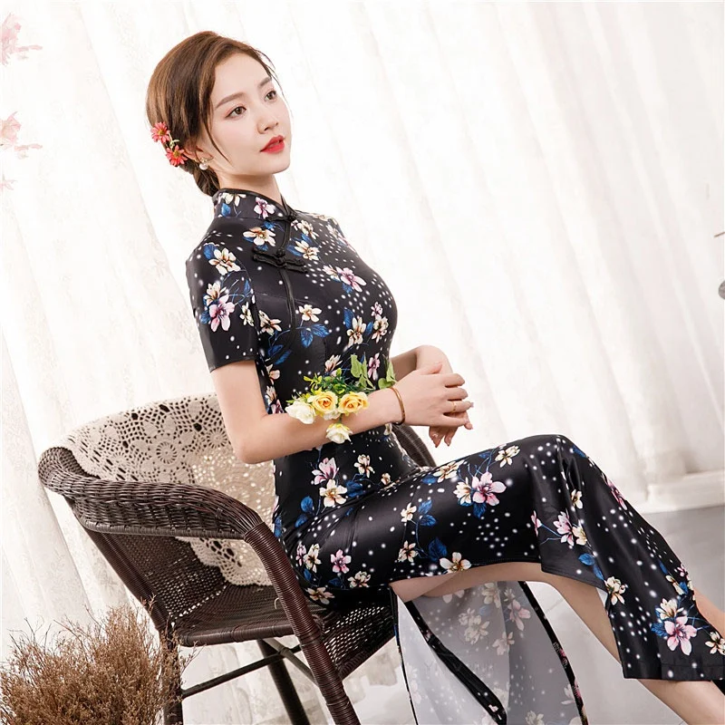 

2021 New Summer Long Cheongsam Dress Floral Slim Vintage Qipao Dresses S To 4XL 5XL Green Pink