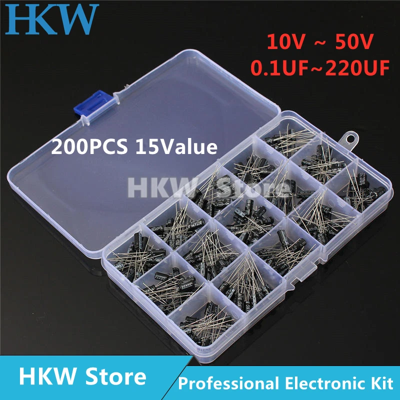 15values 200pcs Electrolytic Capacitor 0.1-220uF 10V 16V 25V 50V Capacitor Assortment Box Kit  High Quality with Box