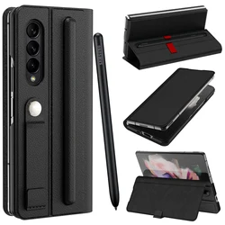 Lychee Pattern Leather For Samsung Galaxy Z Fold 3 5G Case With S Pen Holder Hand Grip Strap Flip Magnetic Spen Slot Cover