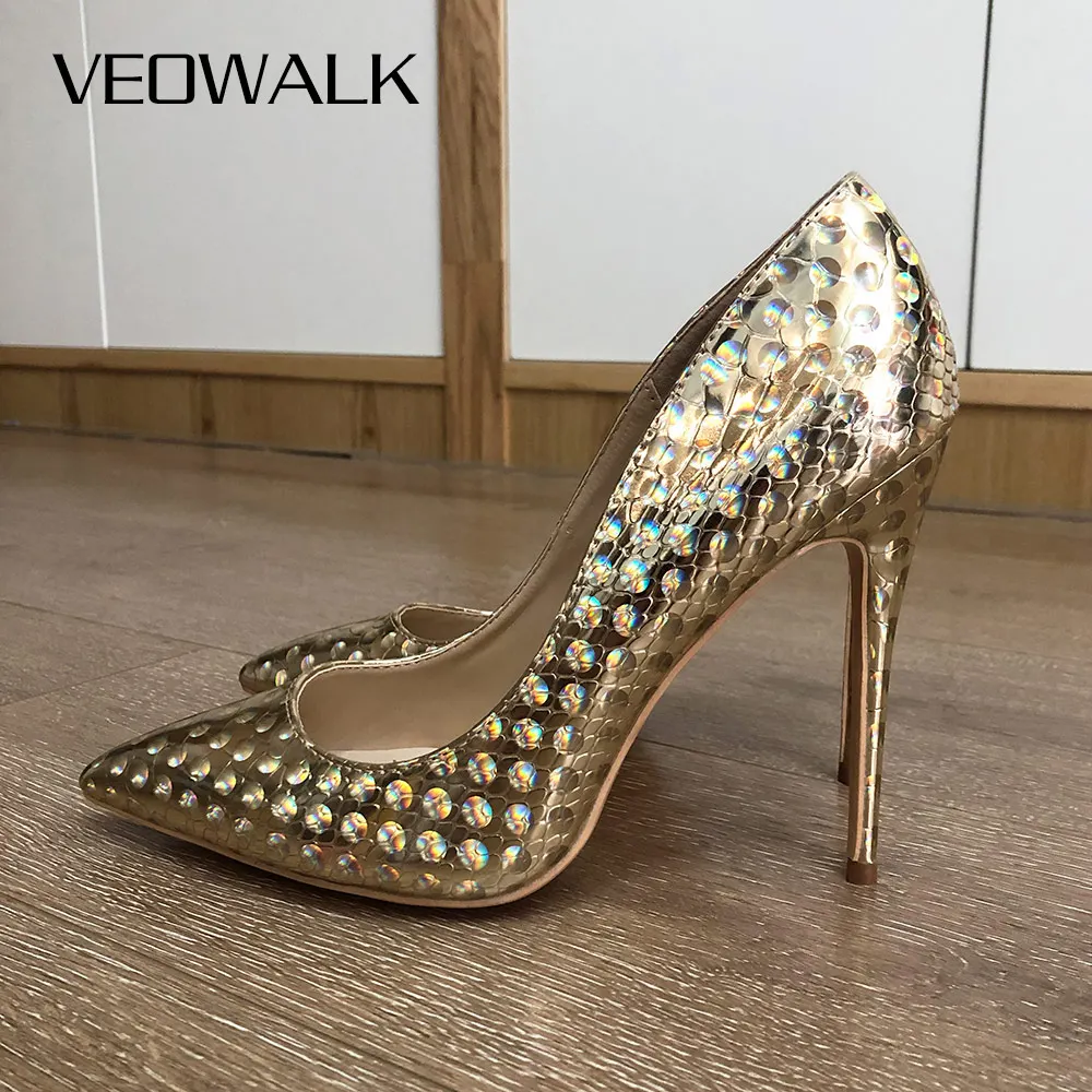 Veowalk Shiny Gold Croc-Effect Women Sexy Stilettos High Heels Bling Bling Pointy Toe Party Shoes Ladies Club Pumps