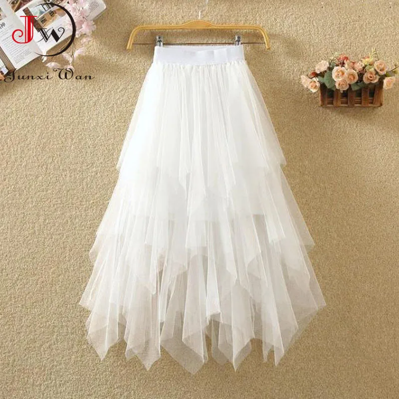 Women Sweet  Midi Spring And Summer High Waist Solid Asymmetrical Elegant Chic White Mesh Tulle Skirts Faldas