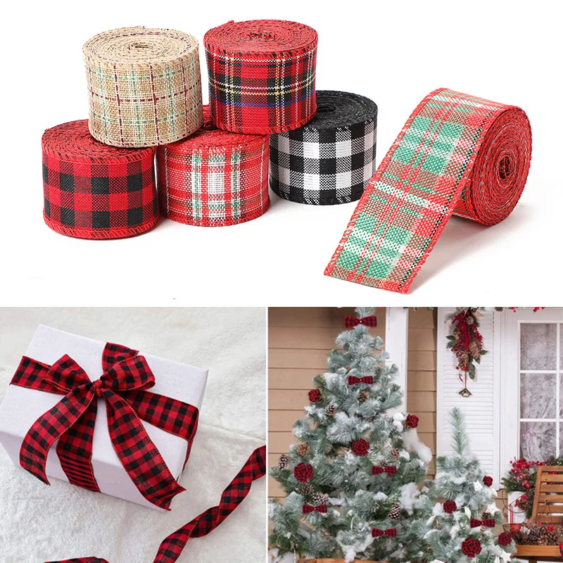 Red White Christmas Ribbon Wide Burlap Jute Grosgrain Tape Plaid Print Wired Ribbons for Wed Decor Packaging Xmas Gift Wrapping