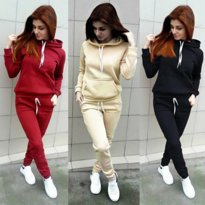 Casual Women's 2 PCS Sweatshirt Set Solid Color Slim-Fit Long Sleeve Hoodie Front Pocket Tops Long Drawing Straps Pants Set