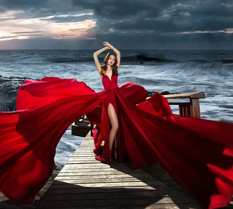 Abiti da sera Sexy con lungo treno Vestido Longos rosso scuro Prom Wear 2023 Robe De Soiree abito formale con spacco alto fotografia