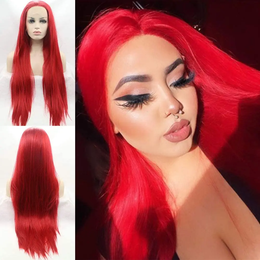 Red Color Natural Looking Synthetic Lace Front Wigs for Women Fashion Long Straight Fiber Hair Heat Resistant Full Wig 24 Inch