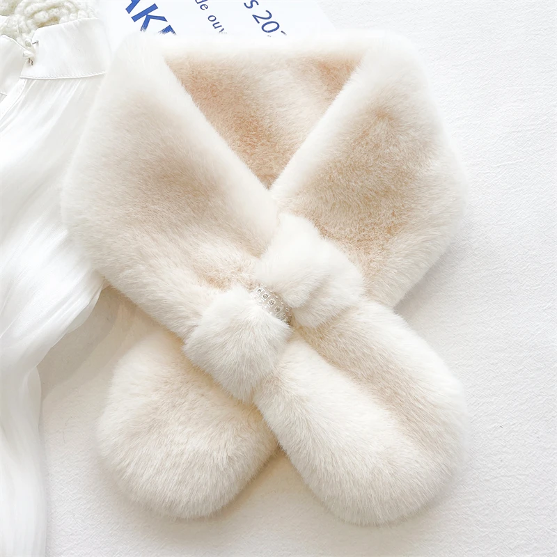 Fashion Solid Color Bow Pearl Diamond Plush Scarf Woman\'s Winter Outdoor Neck Guard Rabbit Fur Collar Knit Thick warm Shawl T42