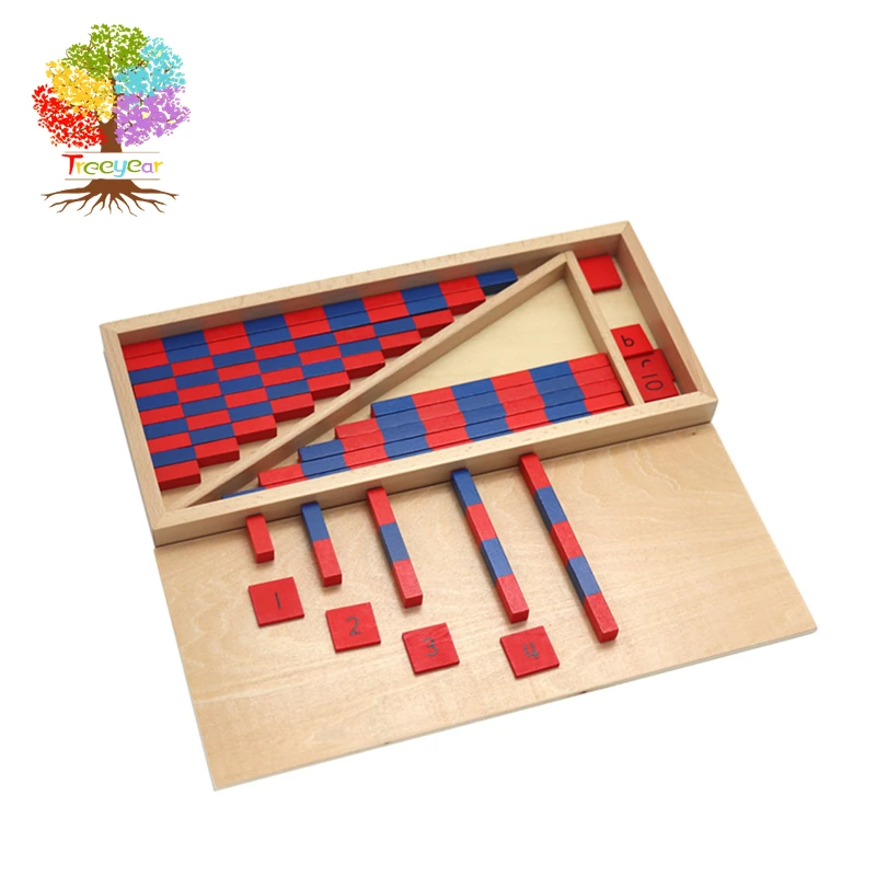 Treeyear Montessori Mathematics Material - Small Numerical Rods with Number Tiles Blue Red Color Wooden Box for Preschool Kids