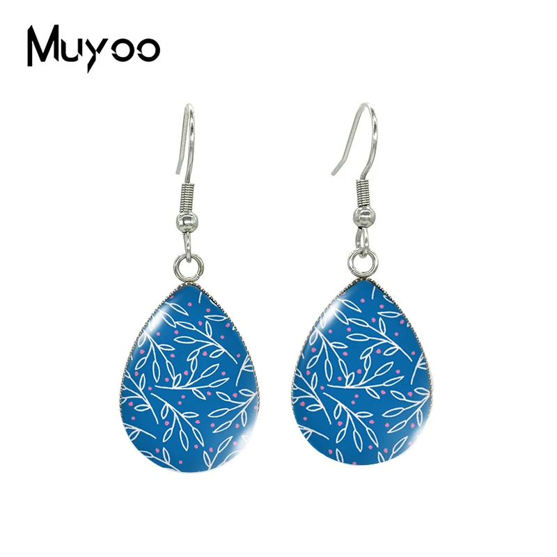 2021 New Blue Floral Tear drop Earring Tree Leaves Fish hook Earrings Glass Cabochon Jewelry Handmade Items