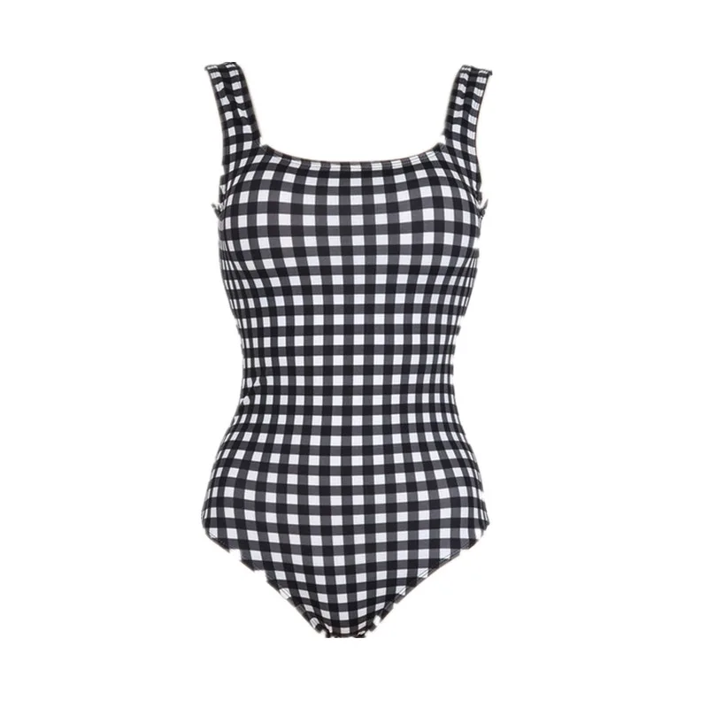 Koreański kobiety Plaid jednoczęściowy strój kąpielowy Sexy Monokini Badpak luksusowe ramię Retro strój kąpielowy kontrola brzucha stroje kąpielowe