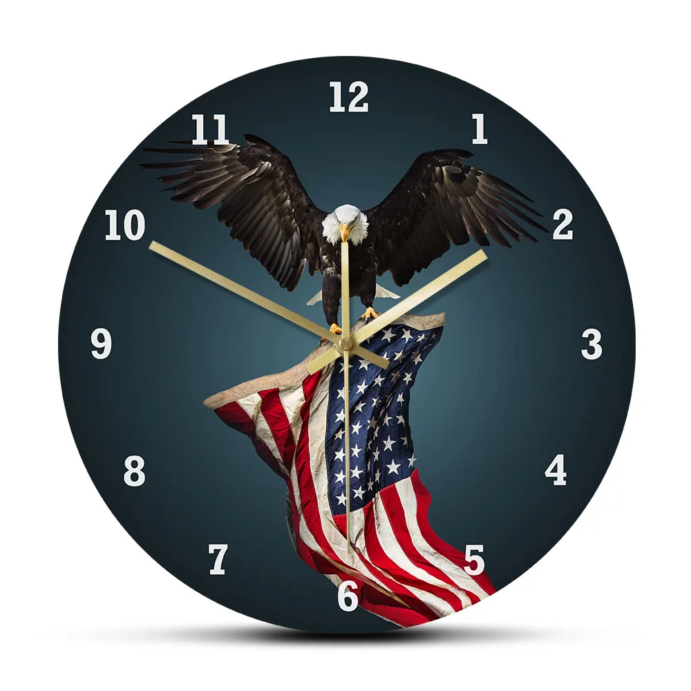 Classic North Bald Eagles Star and Striped US American Flag Decorative Modern Silent Wall Clock Veterans Day Patriotic Gift Idea