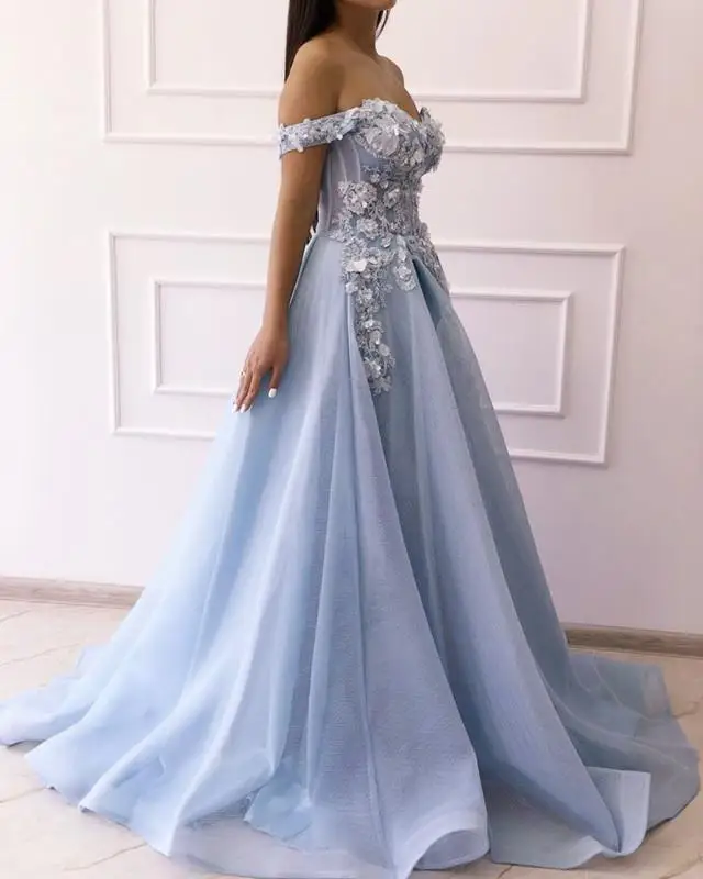 Licht Blau Off Schulter Appliques Prom Kleider 2021 EINE Linie Blumen Formale Abend Party Kleid Kleid Robe De Soiree