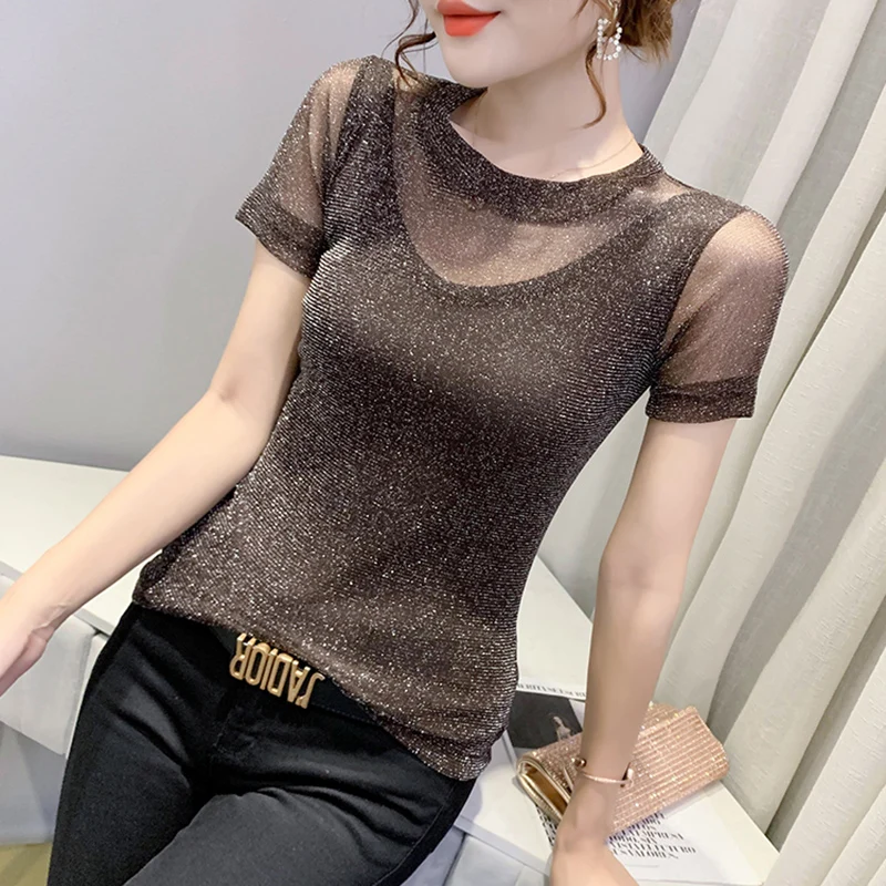 Lucyever Sexy See Through Mesh Women's T-shirts Korean Chic Slim Fit Short Sleeve T Shirt Top Female Large Size 3XL Woman Tshirt