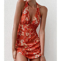 Lamuusaa Women y2k Dress Floral Print Sleeveless Halter Neck Mini Dress Boho Deep V Neck Backless A Line Sundress Mini Dresses