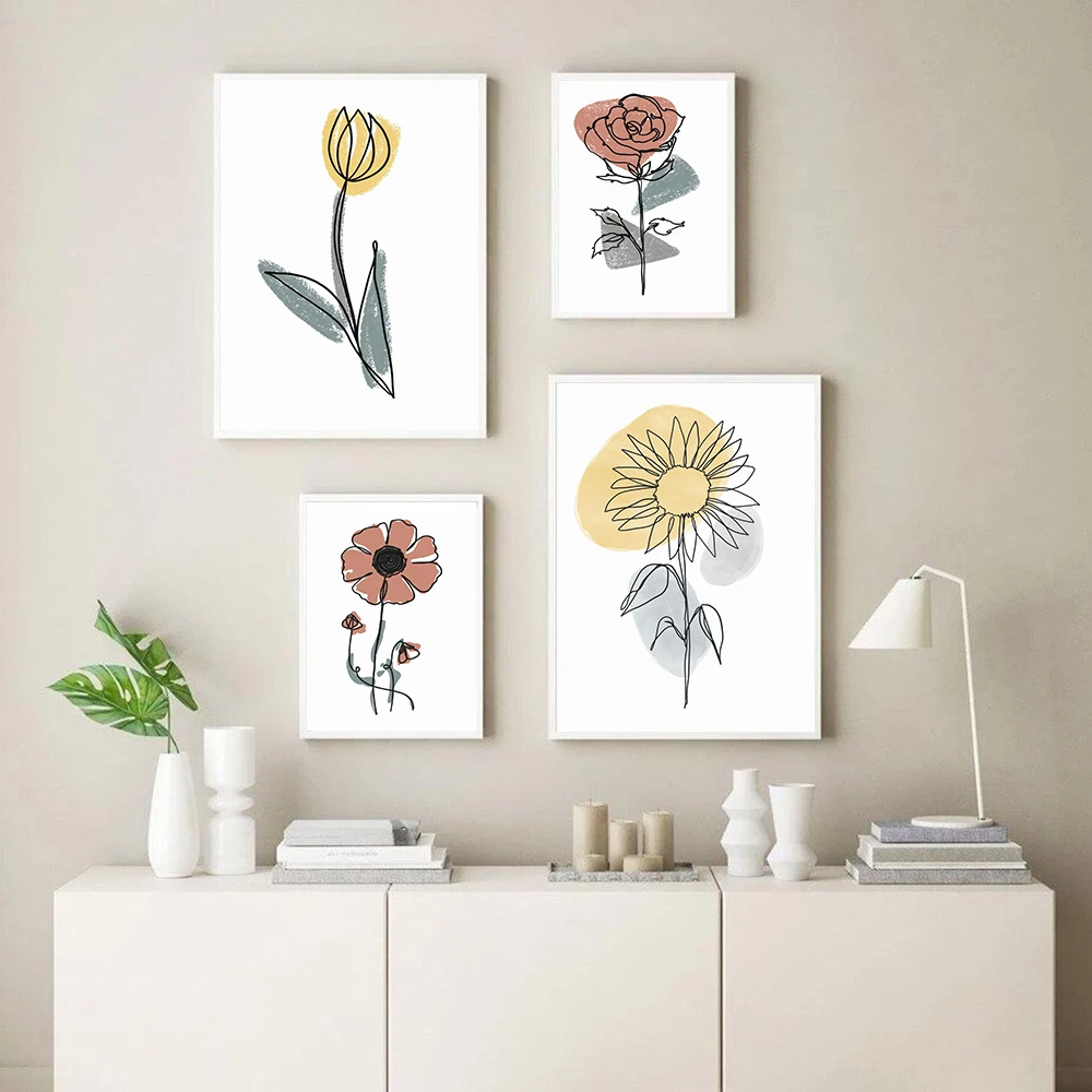 Nordic Line Drawing Canvas Wall Art Print Painting Abstract Flower Rose Poster Minimalist Decorative Pictures Modern Home Decor