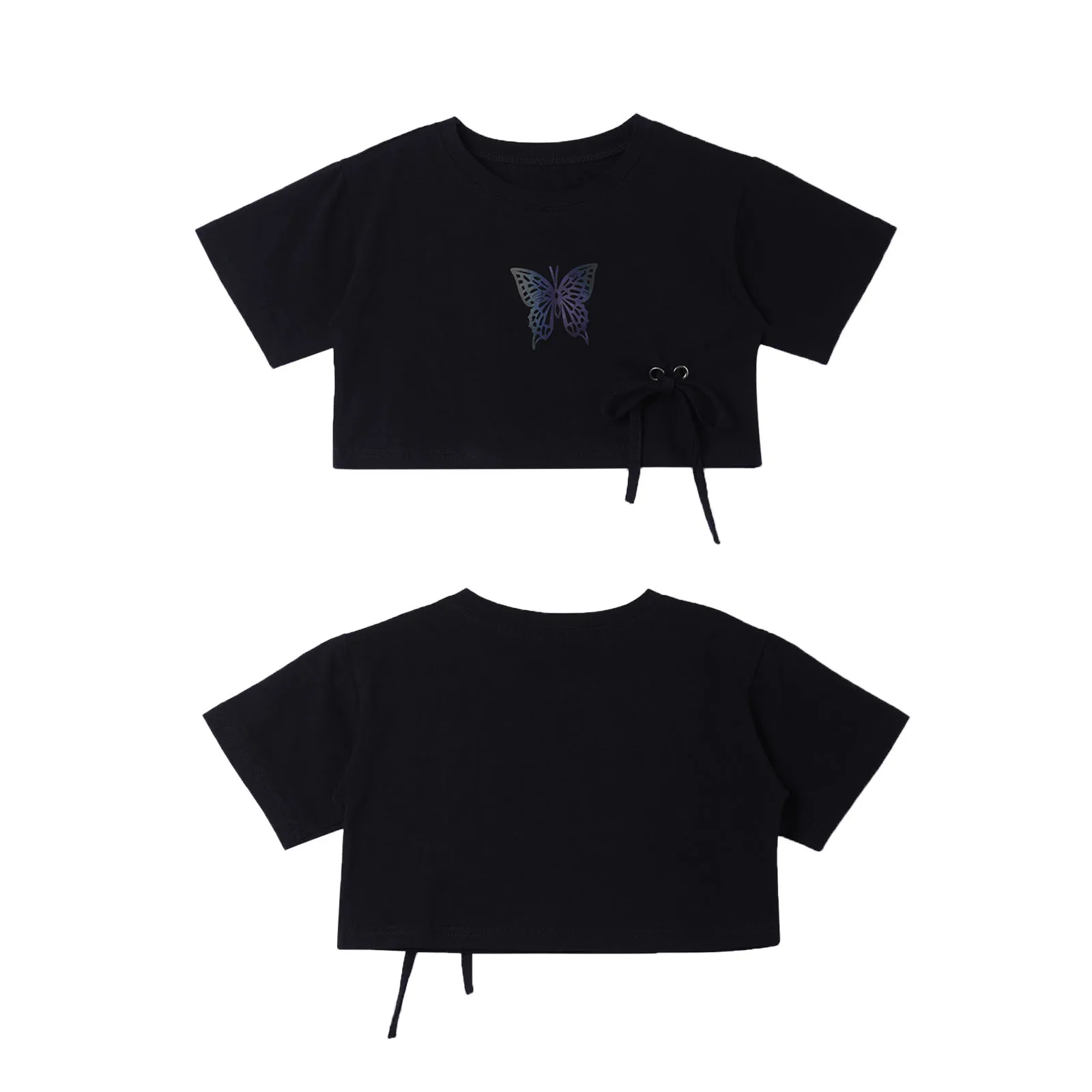 

Kids Girls Casual Dancing Top Pure Color Short Sleeves Reflective Butterfly Print Straps Self Tie T-shirt Tops Modern Dancewear