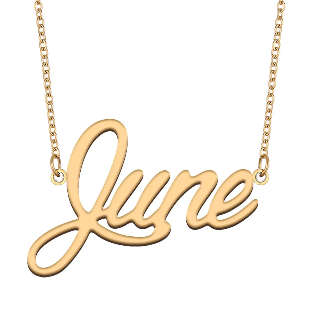 

June Name Necklace for Women Stainless Steel Personalized Jewelry Gold Plated Nameplate Pendant Femme Mothers Girlfriend Gift